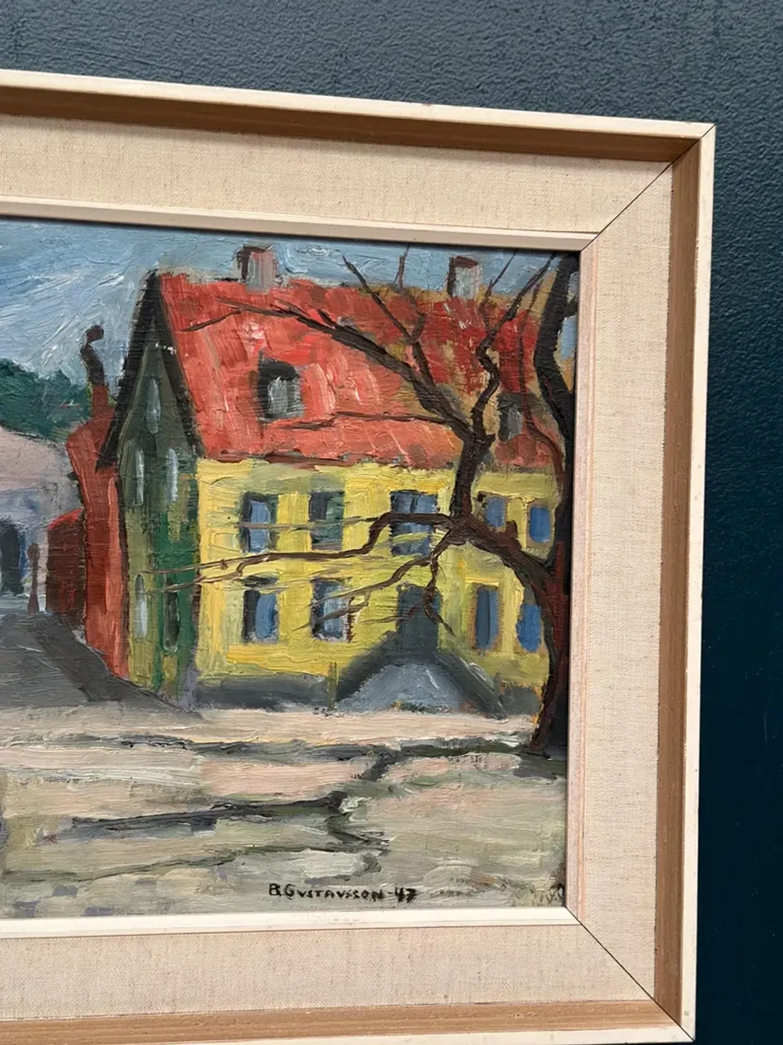 Original Swedish Oil on Panel – “Urban Landscape” by B. Gustavson – Signed – Dated 1947 – Vintage & Framed