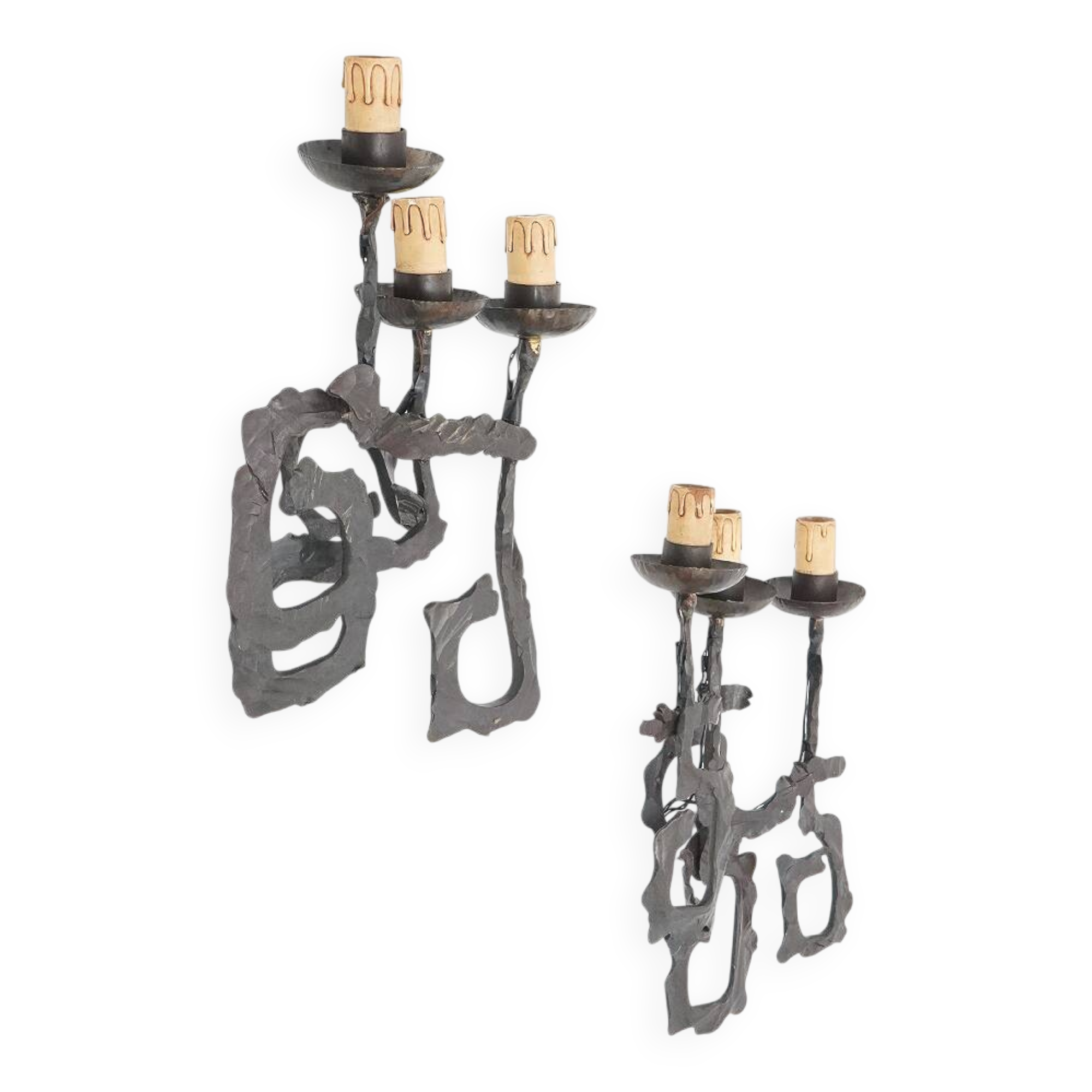 Pair of Brutalist wrought iron wall lamps, 1960s
