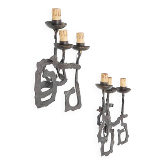 Pair of Brutalist wrought iron wall lamps, 1960s