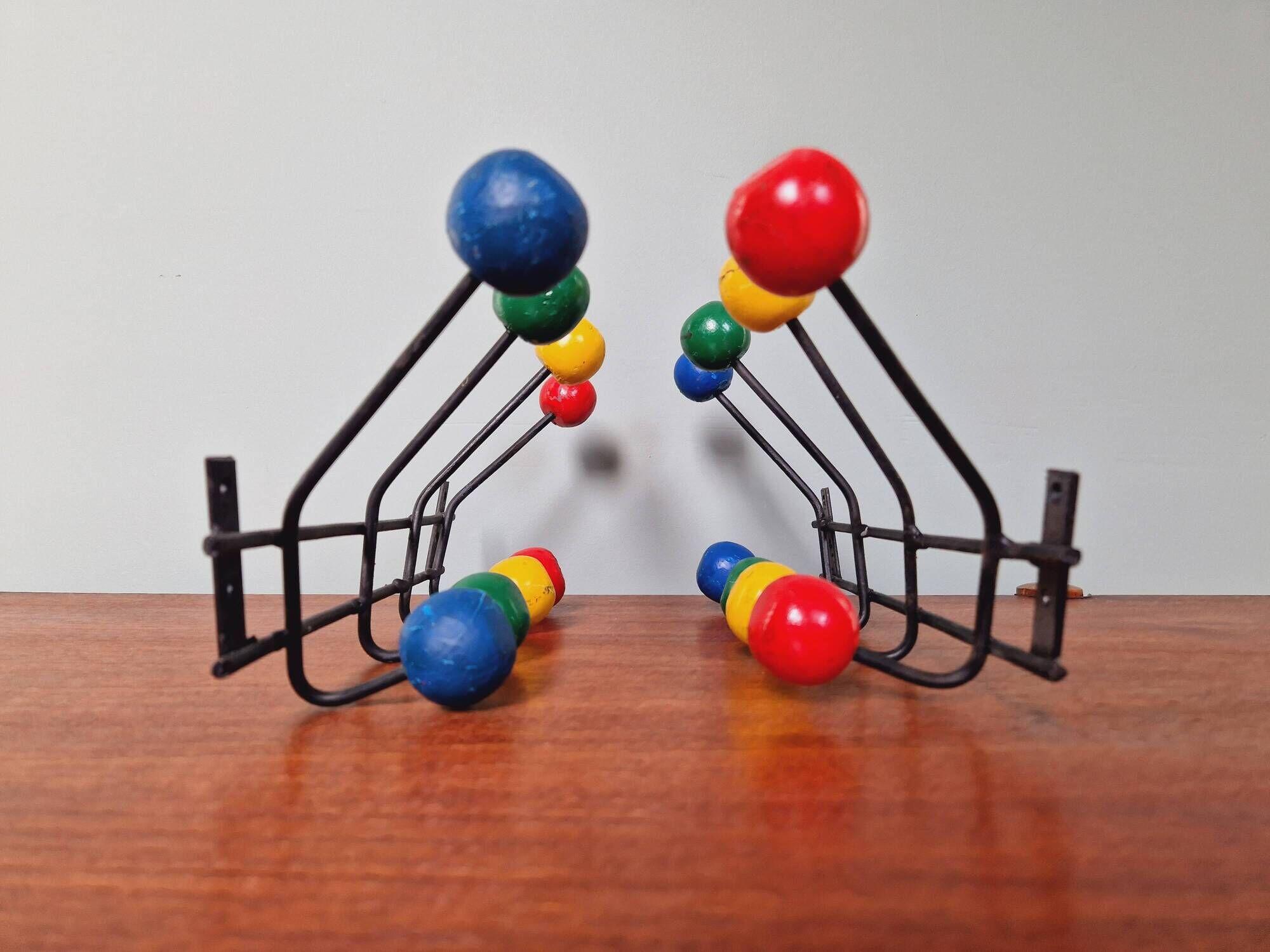 Vintage wall coat rack with 8 hooks in metal and wood (4 available), 1960s