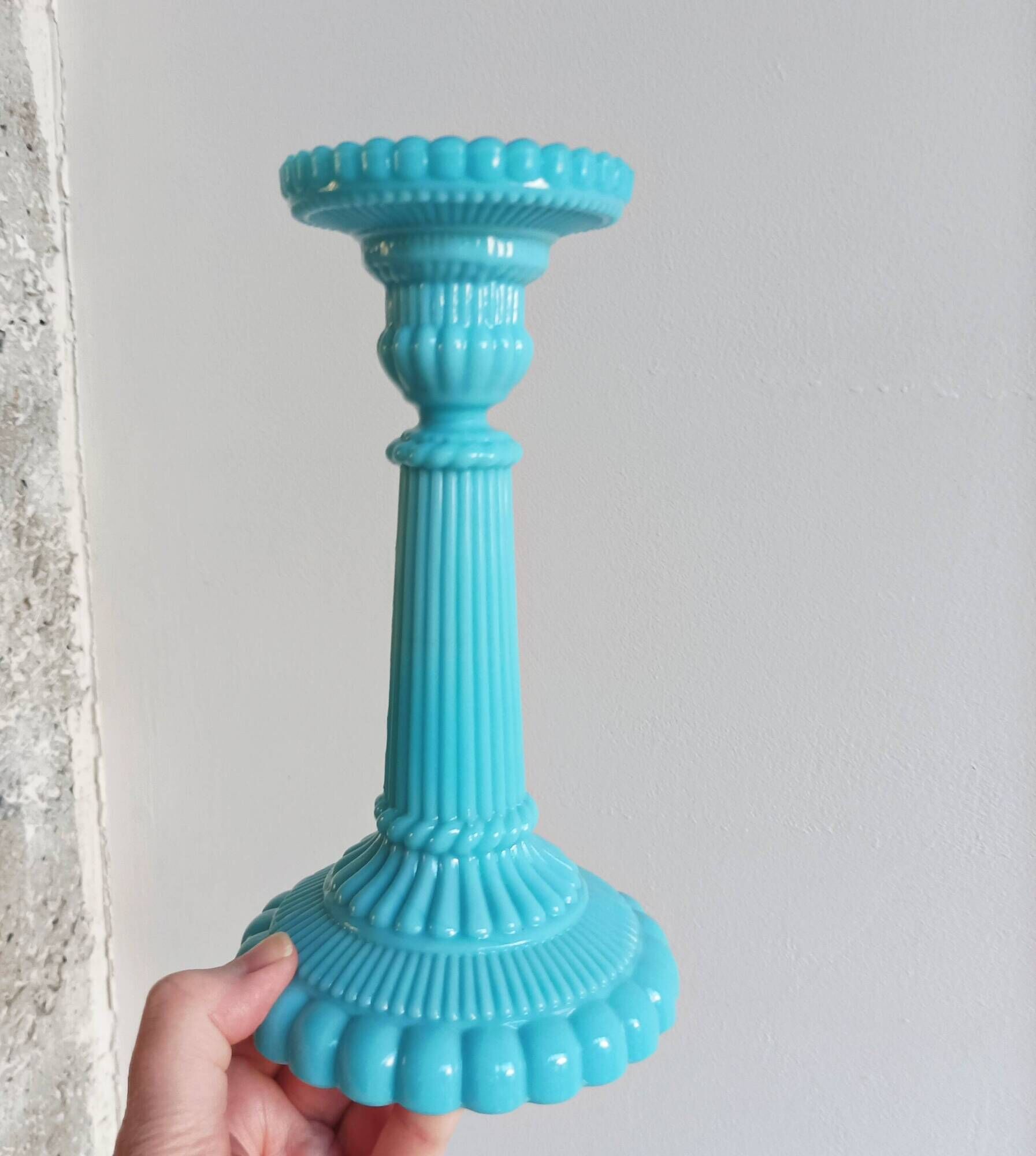 Antique blue opaline candlesticks Portieux Vallerysthal