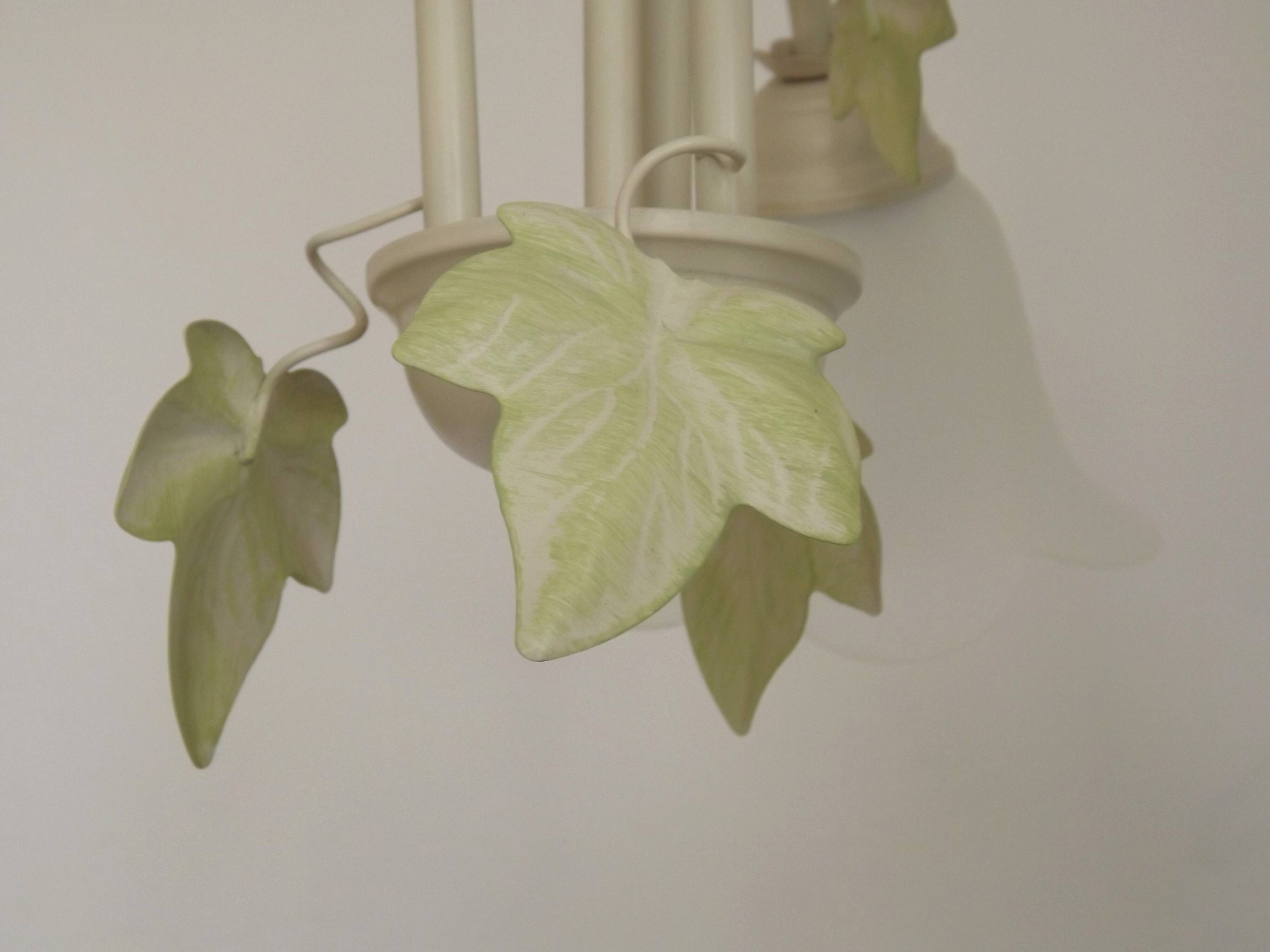 French Vintage 3 Light Green Ivy Chandelier with Opaque Glass Shades