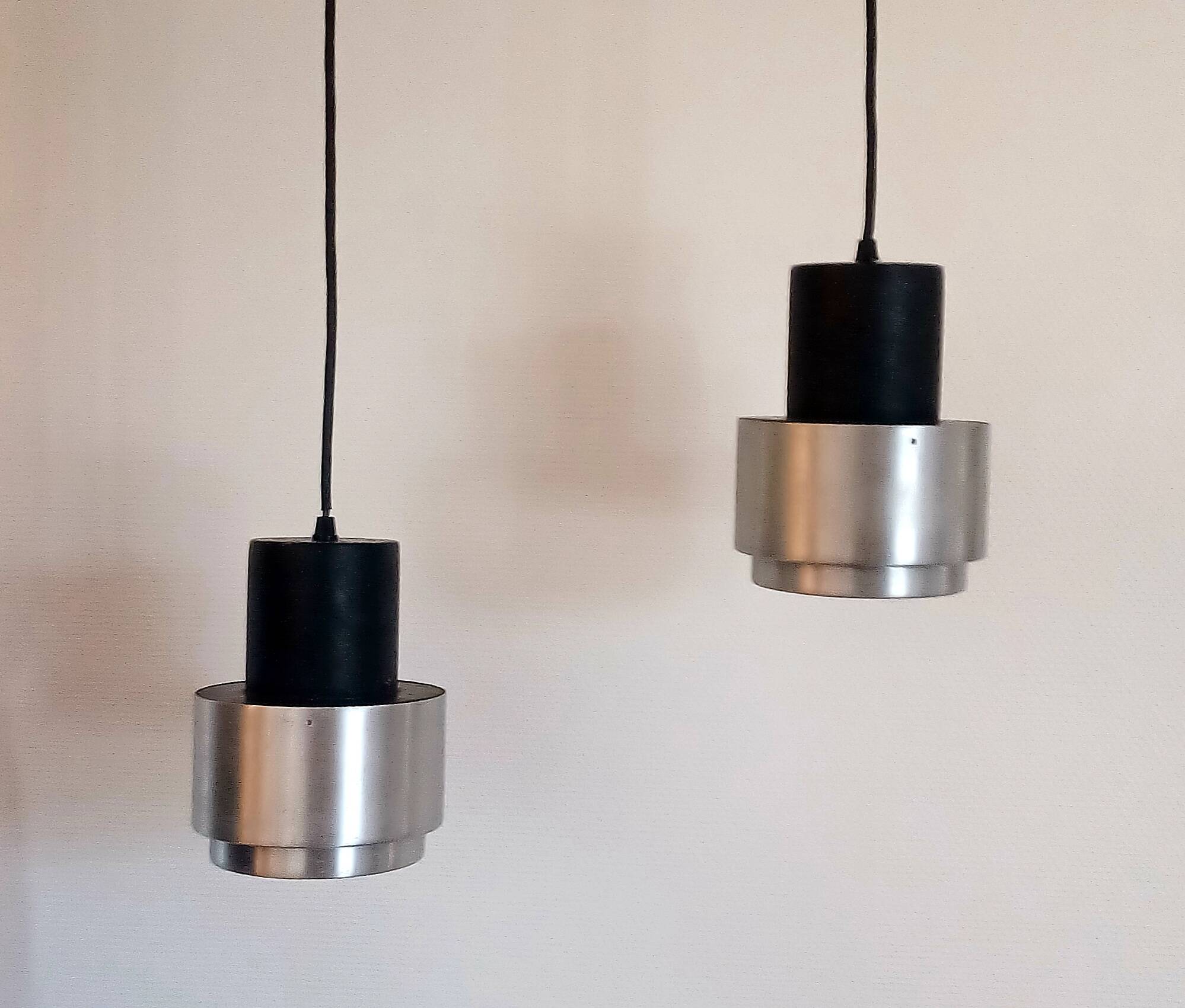 Pair of Space Age pendant lights in brushed stainless steel