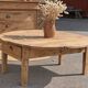 Round coffee table with 1 drawer, antique, made of raw solid wood.