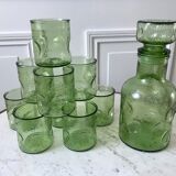 Set of decanter and 9 green glasses in bubbled glass 70s