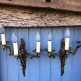 Pair of French Vintage Rococo Gilt Bronze Wall Sconces: Ornate 3-Arm Lamps