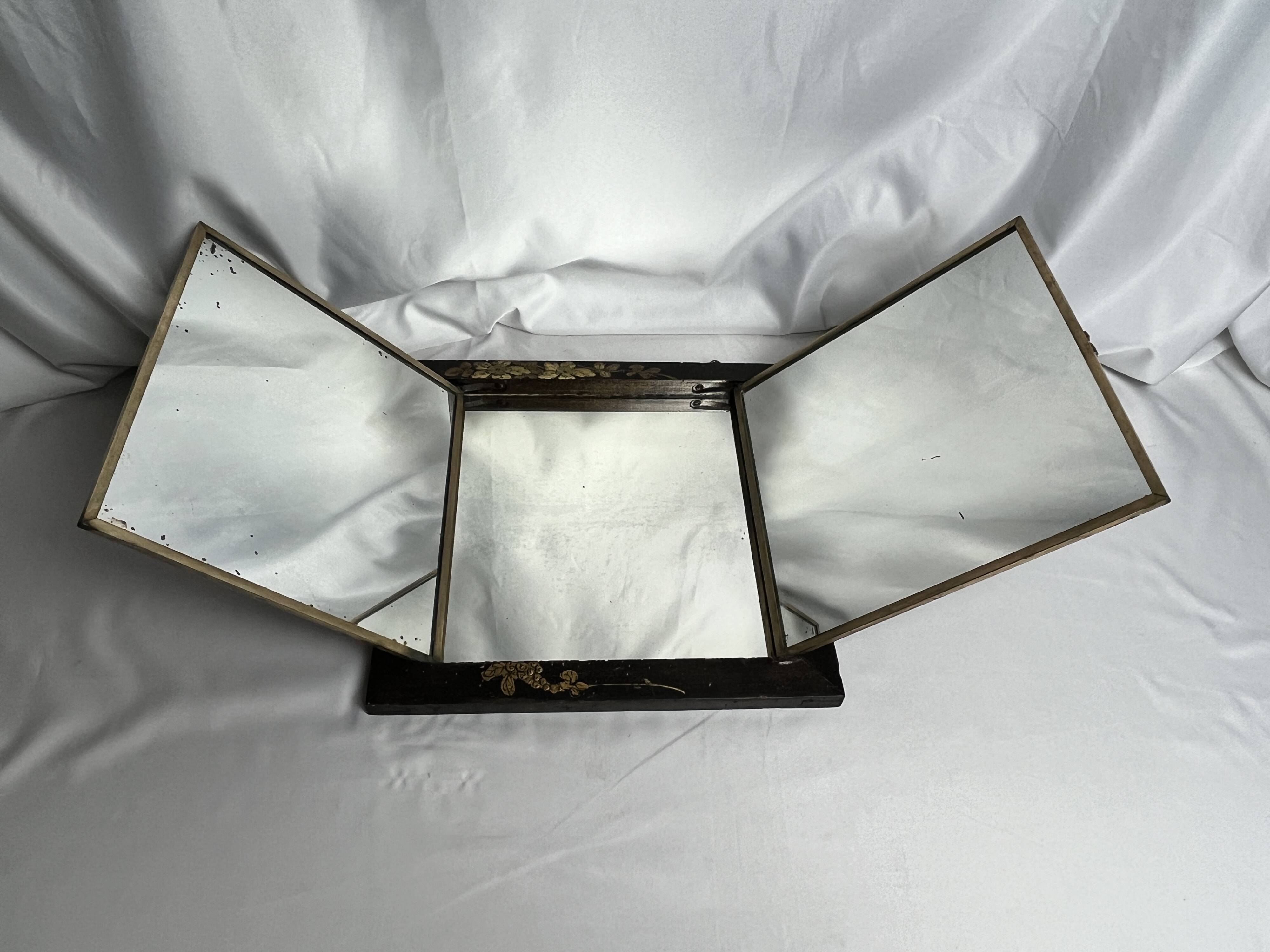 Japan, triptych mirror with brass wood and animated decor, early 20th century