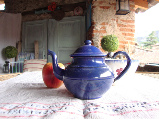 Vintage teapot has 2 cups, enamelled