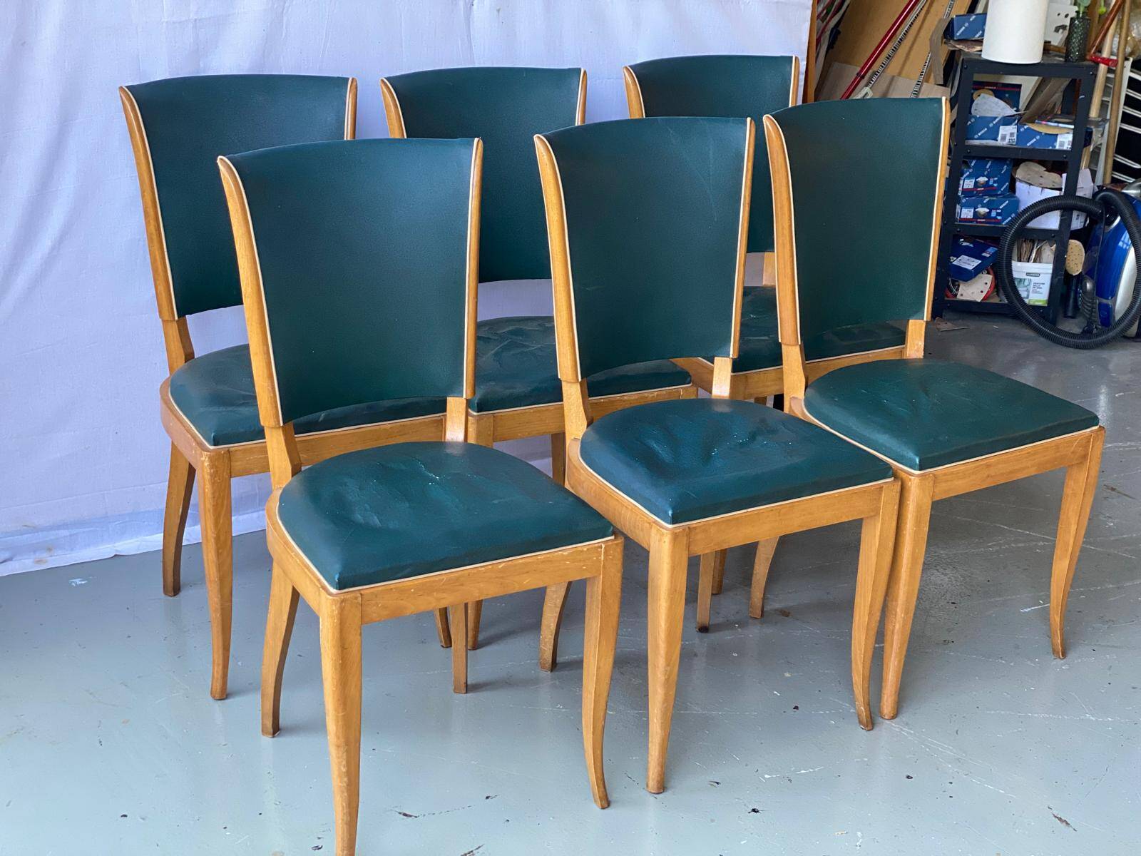 6 vintage dining chairs in solid wood and blue green leather