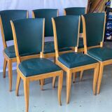 6 vintage dining chairs in solid wood and blue green leather