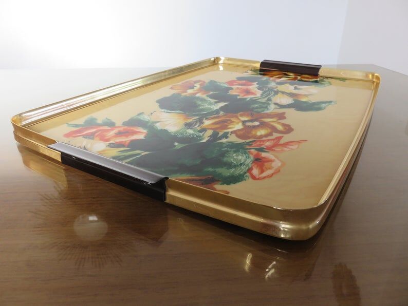 Floral formica and gold metal tray 50 60s