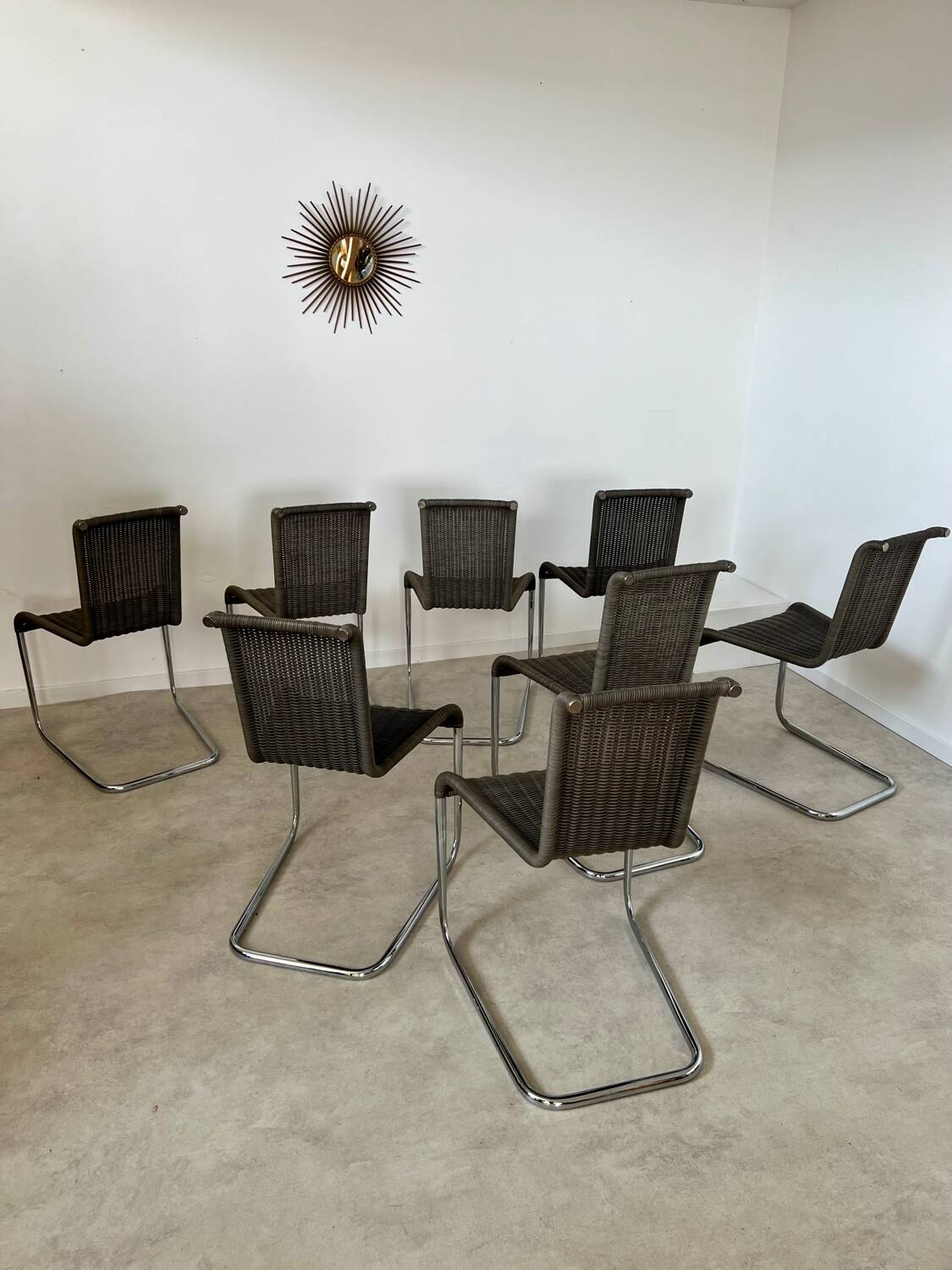 Set of 8 Tecta designer tubular chairs, Bauhaus style, metal and vintage gray cane, 80s