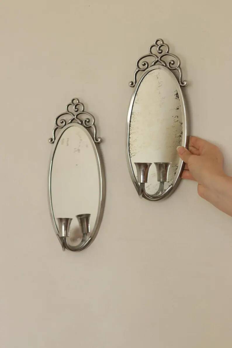 Pair of Swedish Tin Wall Sconces, Mid-Century Style with Mirror by Svenskt - Tenn