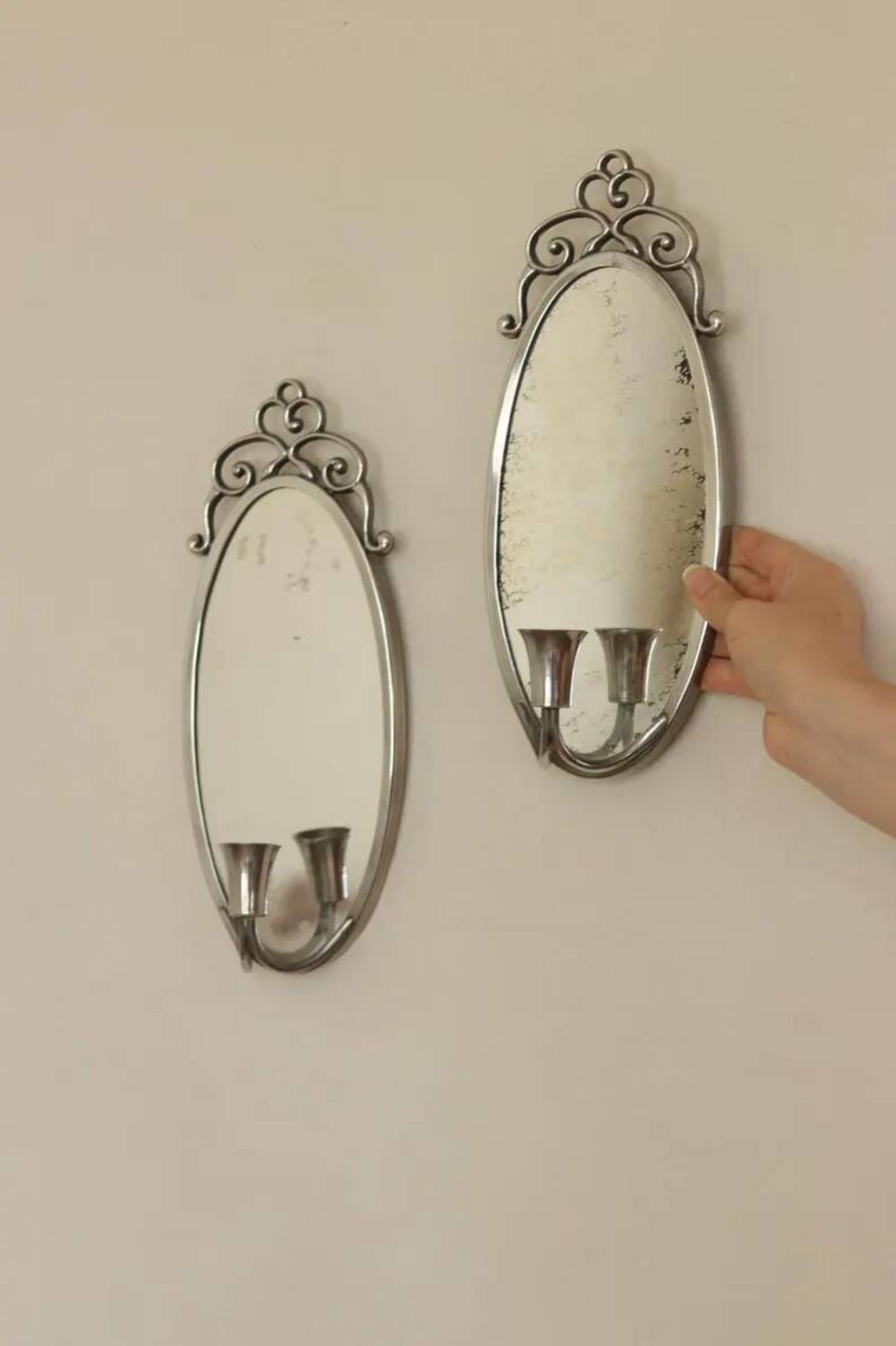 Pair of Swedish Tin Wall Sconces, Mid-Century Style with Mirror by Svenskt - Tenn
