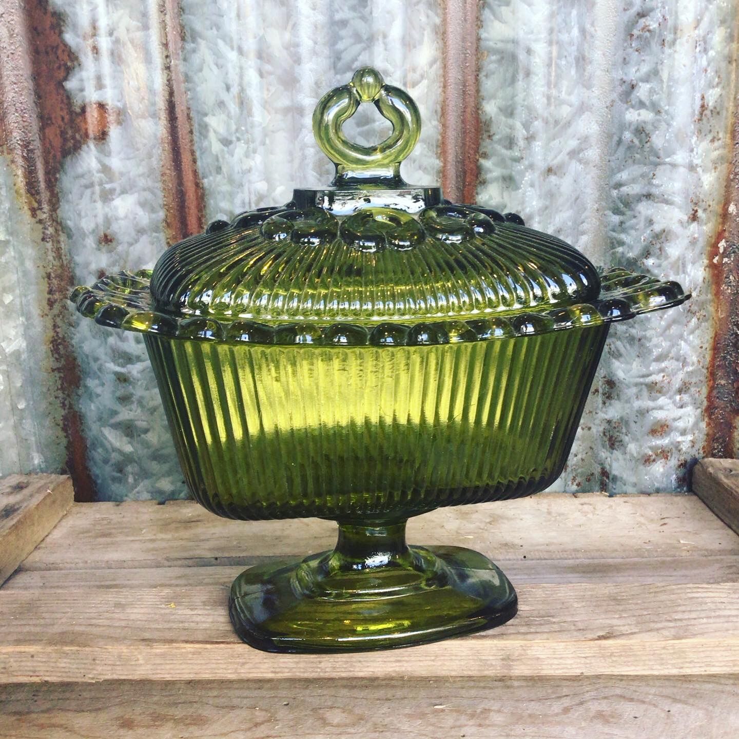 1950 green glass candy drageoir