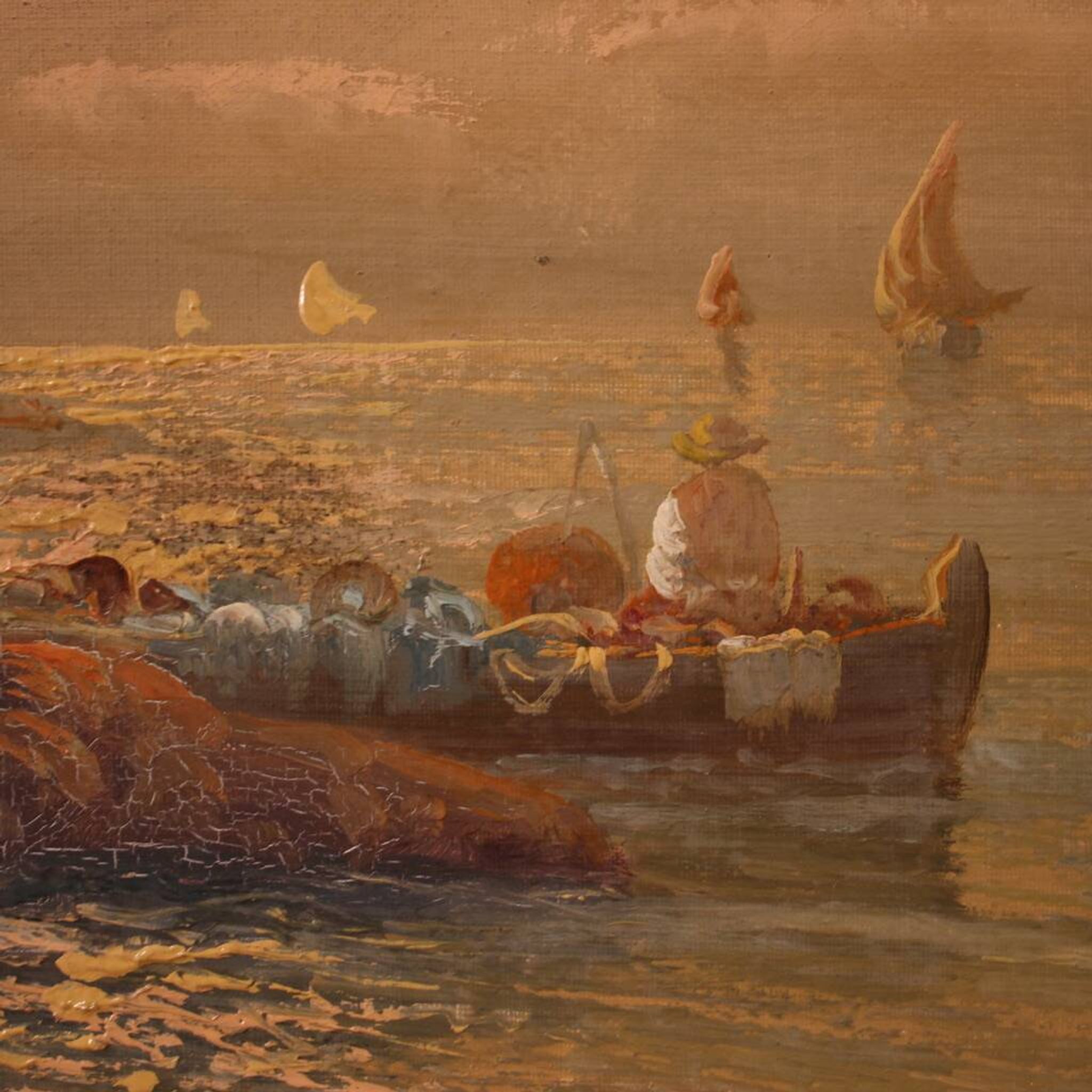 Seascape painting signed by Remo Testa, fishermen at sunset