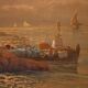 Seascape painting signed by Remo Testa, fishermen at sunset