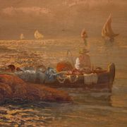 Seascape painting signed by Remo Testa, fishermen at sunset