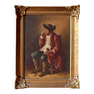 Oil on canvas signed - Seated man sniffing tobacco - gilded carved wooden frame - Circa 1930