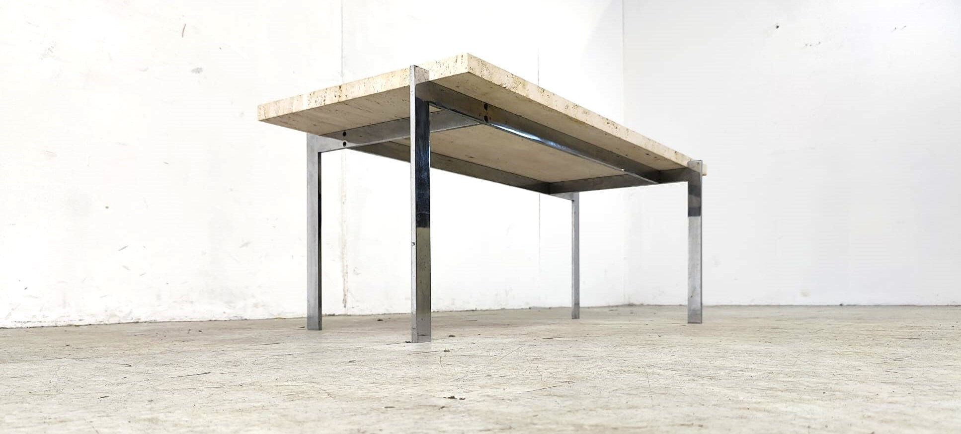 Table basse vintage en travertin et chrome, années 1970