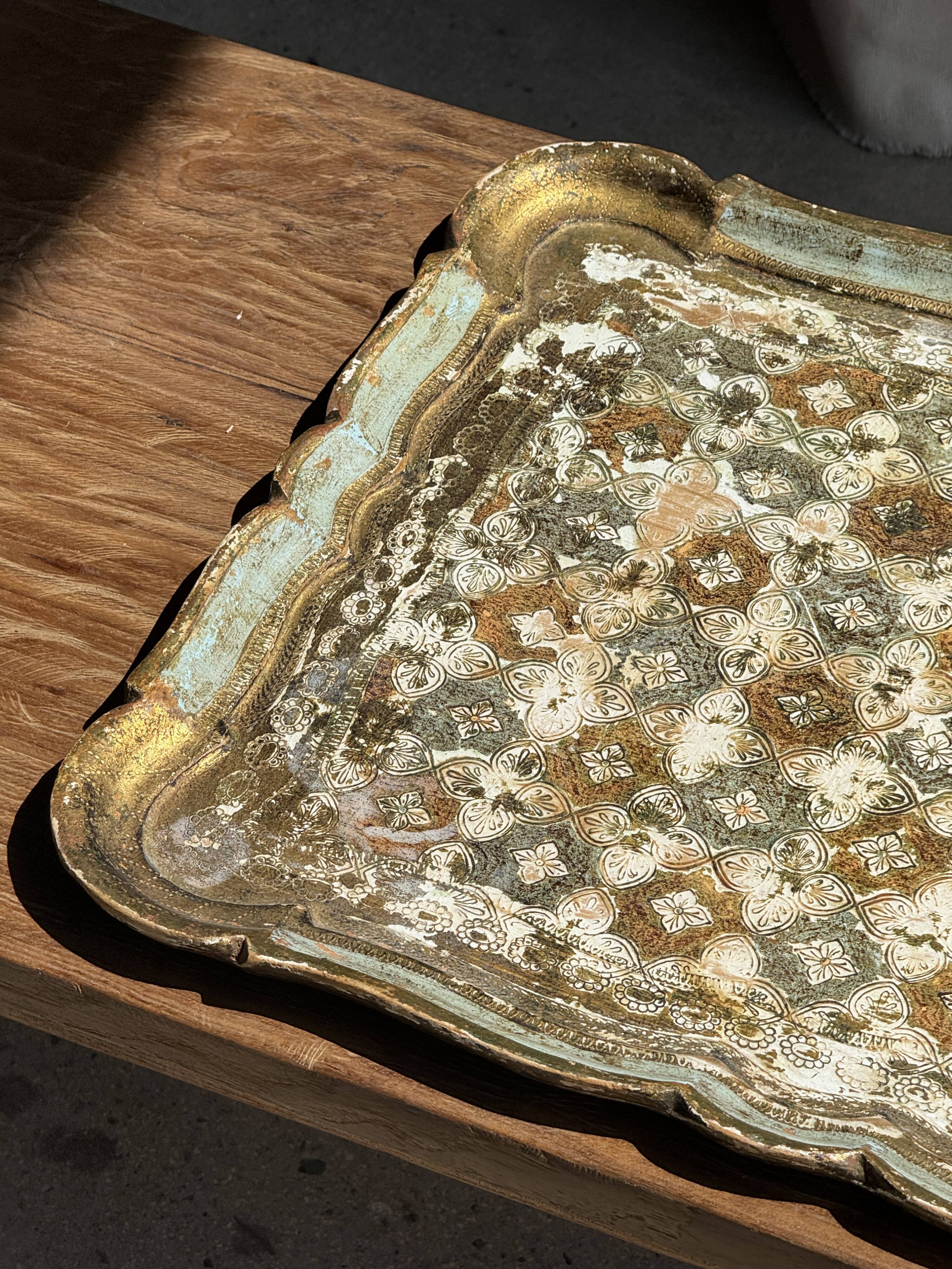 Large wooden tray hand-painted with blue and gold floral ornaments L48x38