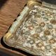 Large wooden tray hand-painted with blue and gold floral ornaments L48x38