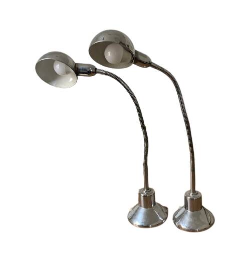 Pair of vintage chrome metal desk lamps with adjustable goosenecks.