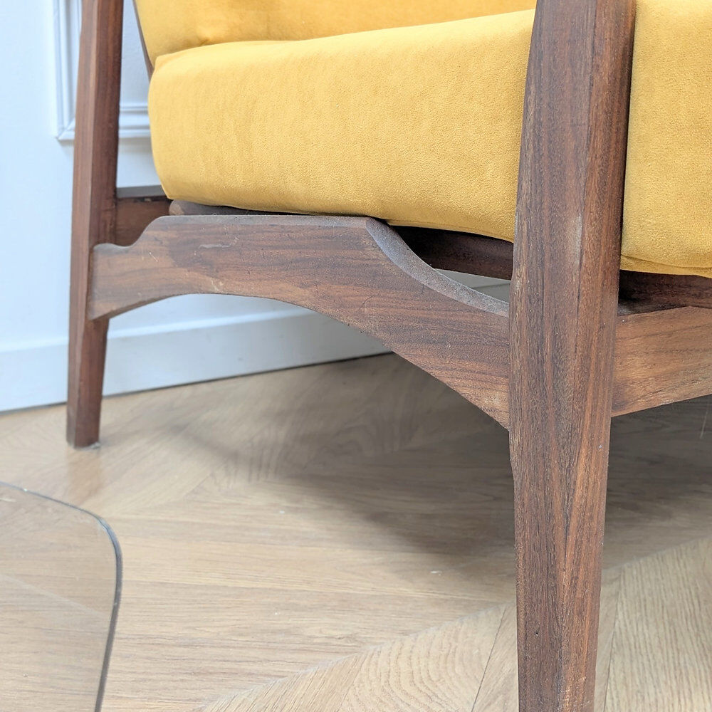 Second-hand Danish teak canapé, reupholstered in yellow, 1960s.