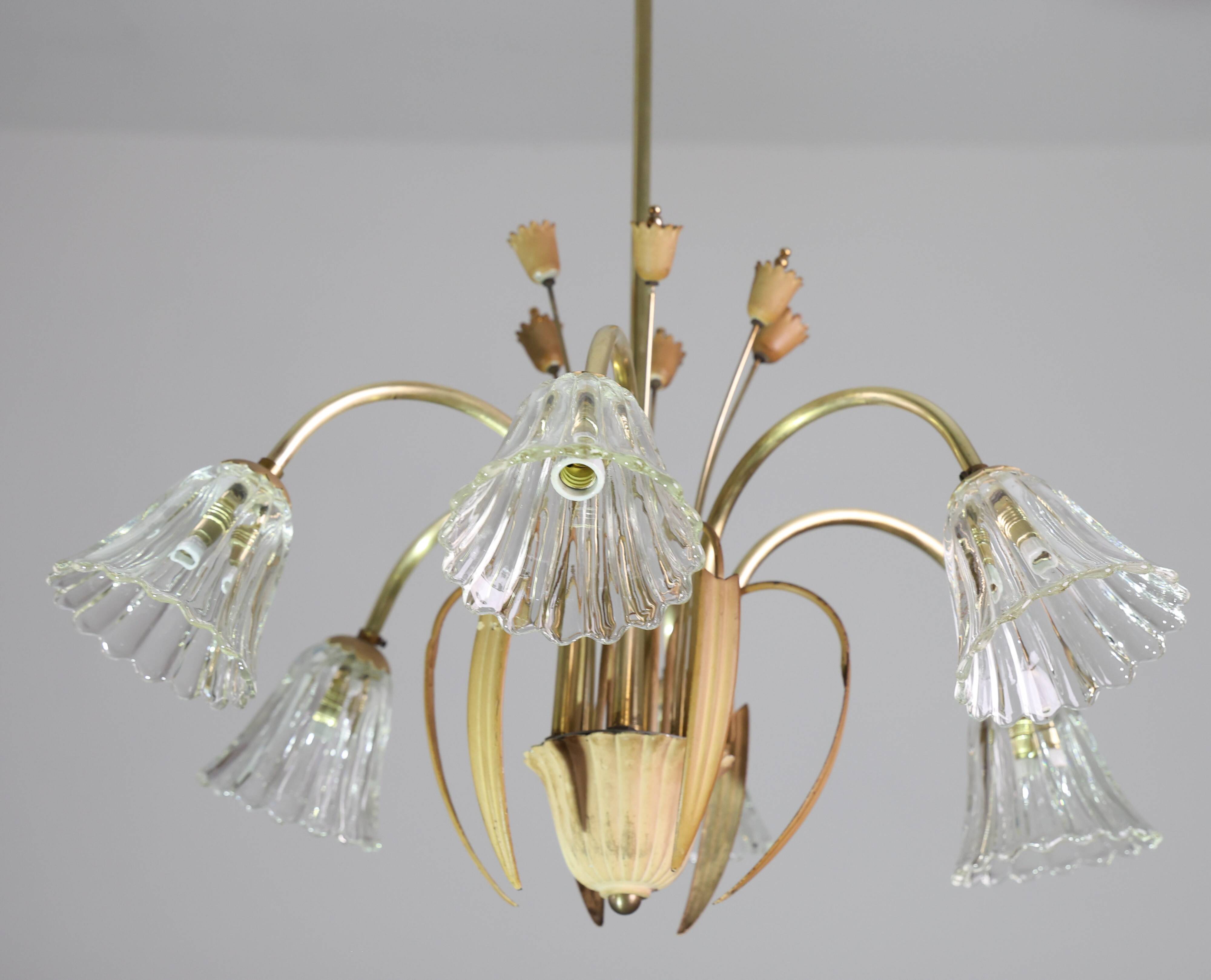 Art Deco Murano Glass and Brass Chandelier, 6 light, 1950