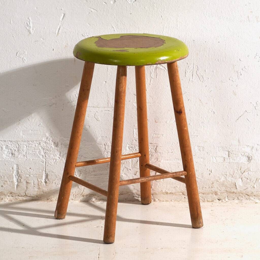 Antique wooden stool with a round seat – Central Europe, circa 1950