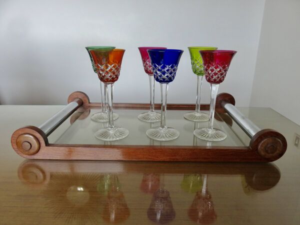 Grand plateau art déco en chêne, métal chromé et verre transparent, 1920/30