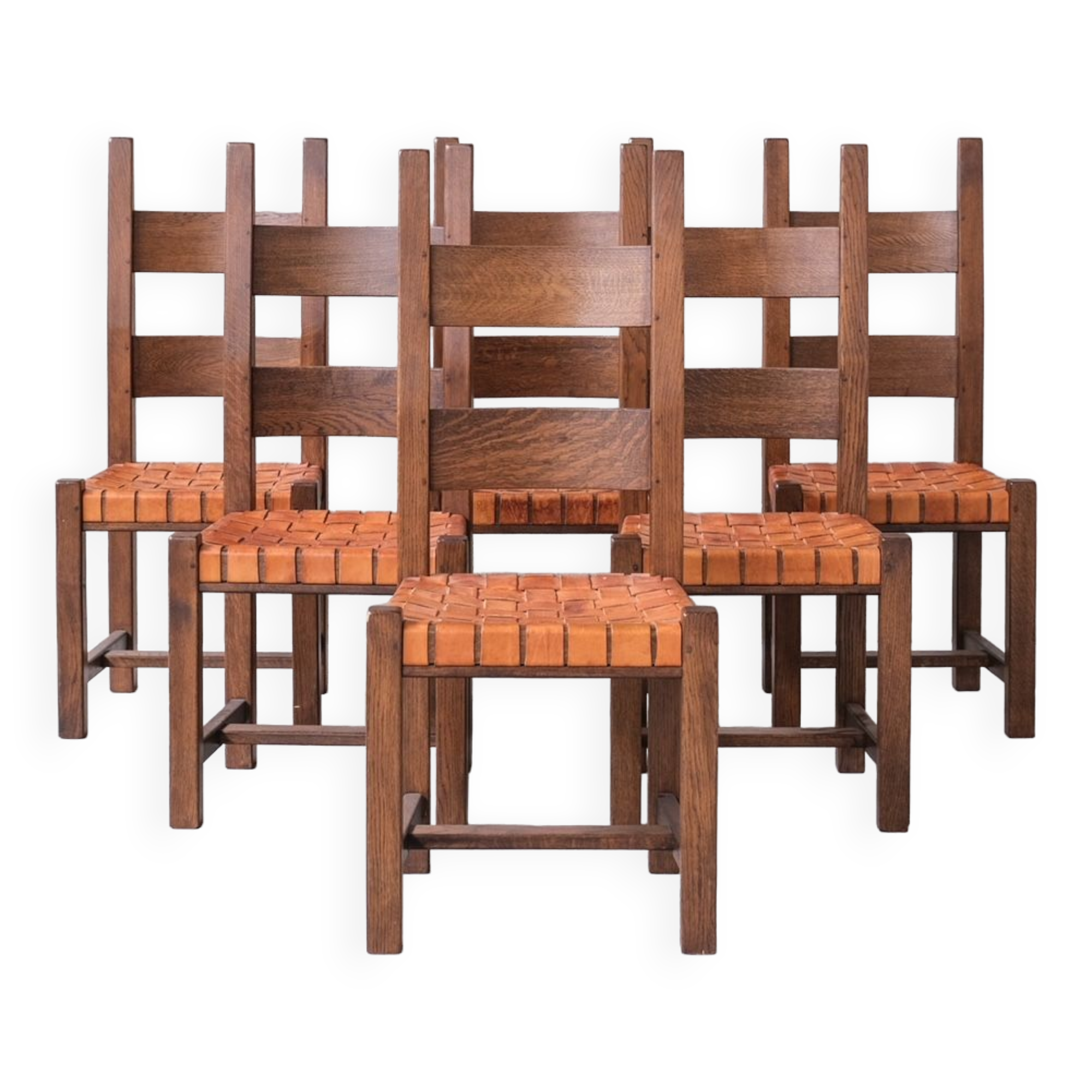 Set of Six Leather and Oak Mid-Century Dutch Dining Chairs