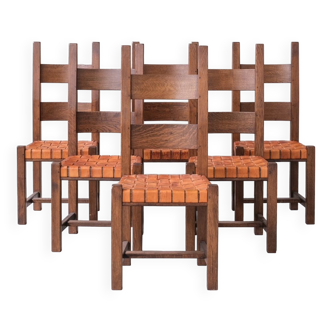 Set of Six Leather and Oak Mid-Century Dutch Dining Chairs