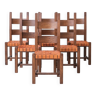 Ensemble de six chaises de salle à manger hollandaises en cuir et chêne du milieu du siècle