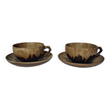2 stoneware cups & saucers signed Denbac