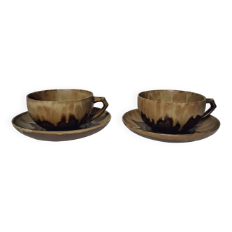 2 stoneware cups & saucers signed Denbac