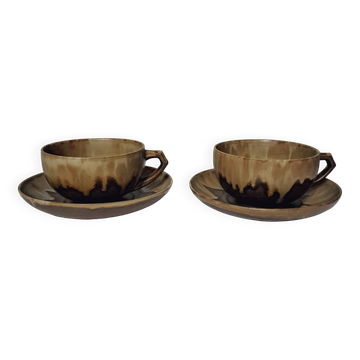 2 stoneware cups & saucers signed Denbac