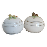 Pair of vintage porcelain candy dishes with fruit motif and gold edging