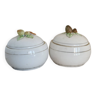 Pair of vintage porcelain candy dishes with fruit motif and gold edging