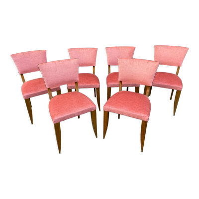 Suite de 6 chaises art déco 1950 noyer & velours rose