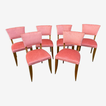 Suite of 6 art deco chairs 1950 walnut & pink velvet