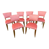 Suite of 6 art deco chairs 1950 walnut & pink velvet