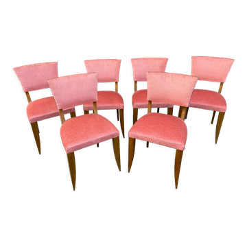 Suite of 6 art deco chairs 1950 walnut & pink velvet