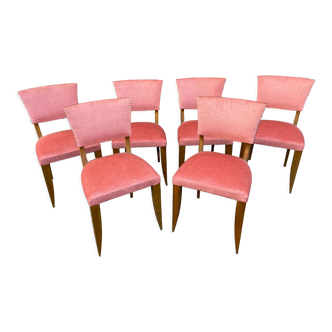 Suite de 6 chaises art déco 1950 noyer & velours rose