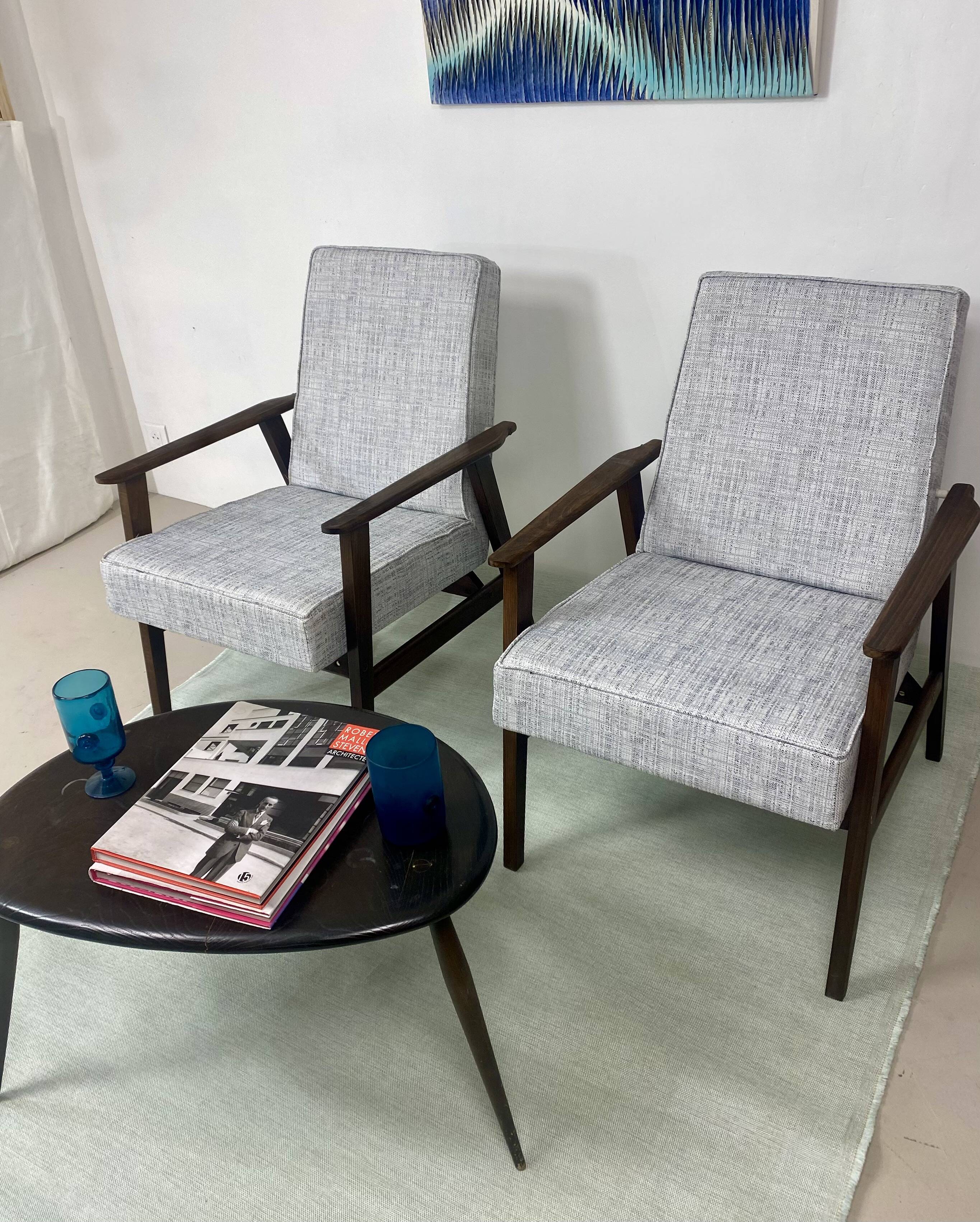 Pair of Henryk Lis 300-190 armchairs, 1970s, heathered grey-blue fabric. Ref: