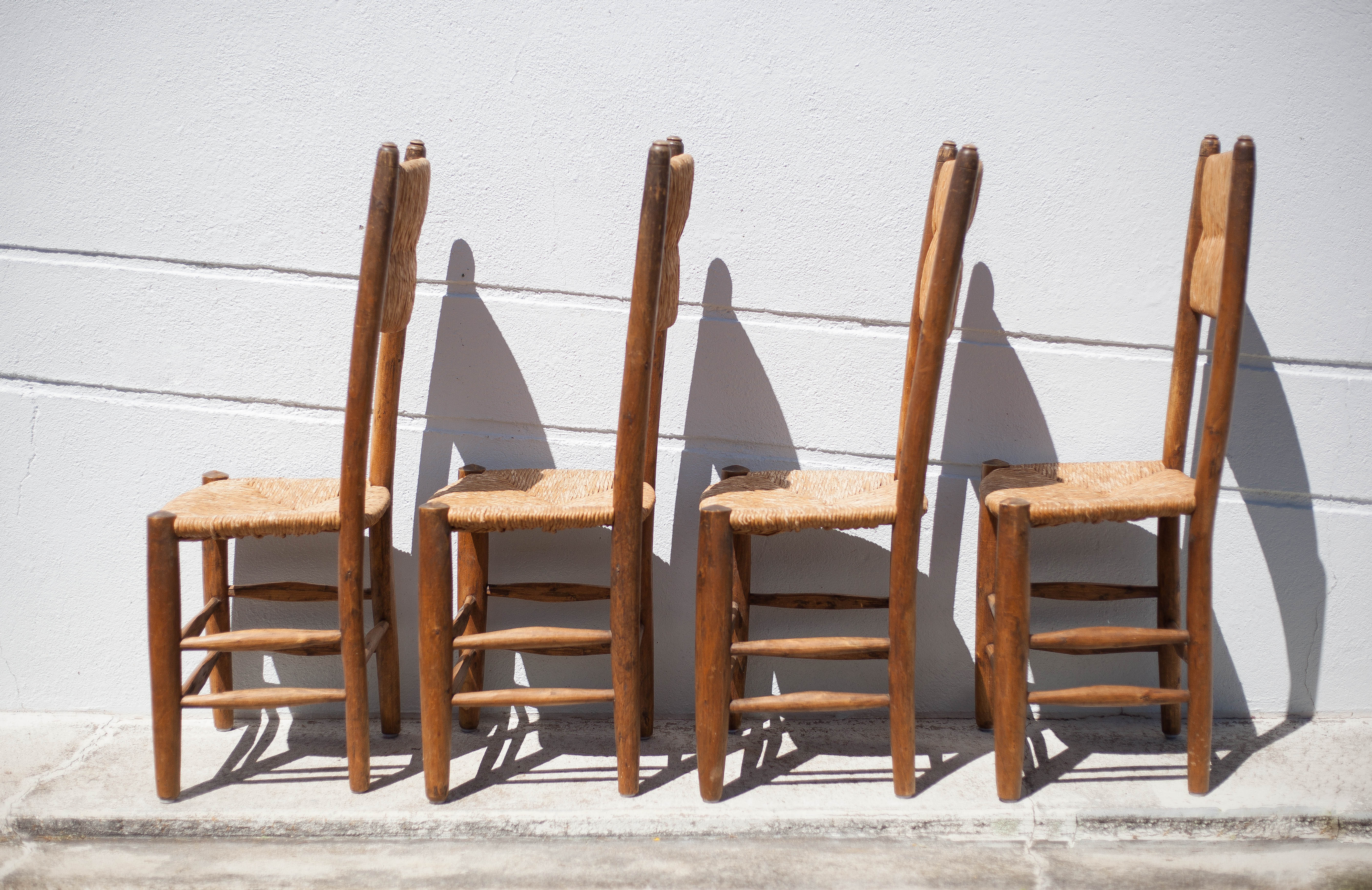 Wooden and straw chair x 4, chair with seat and straw back, chalet, countryside, decoration