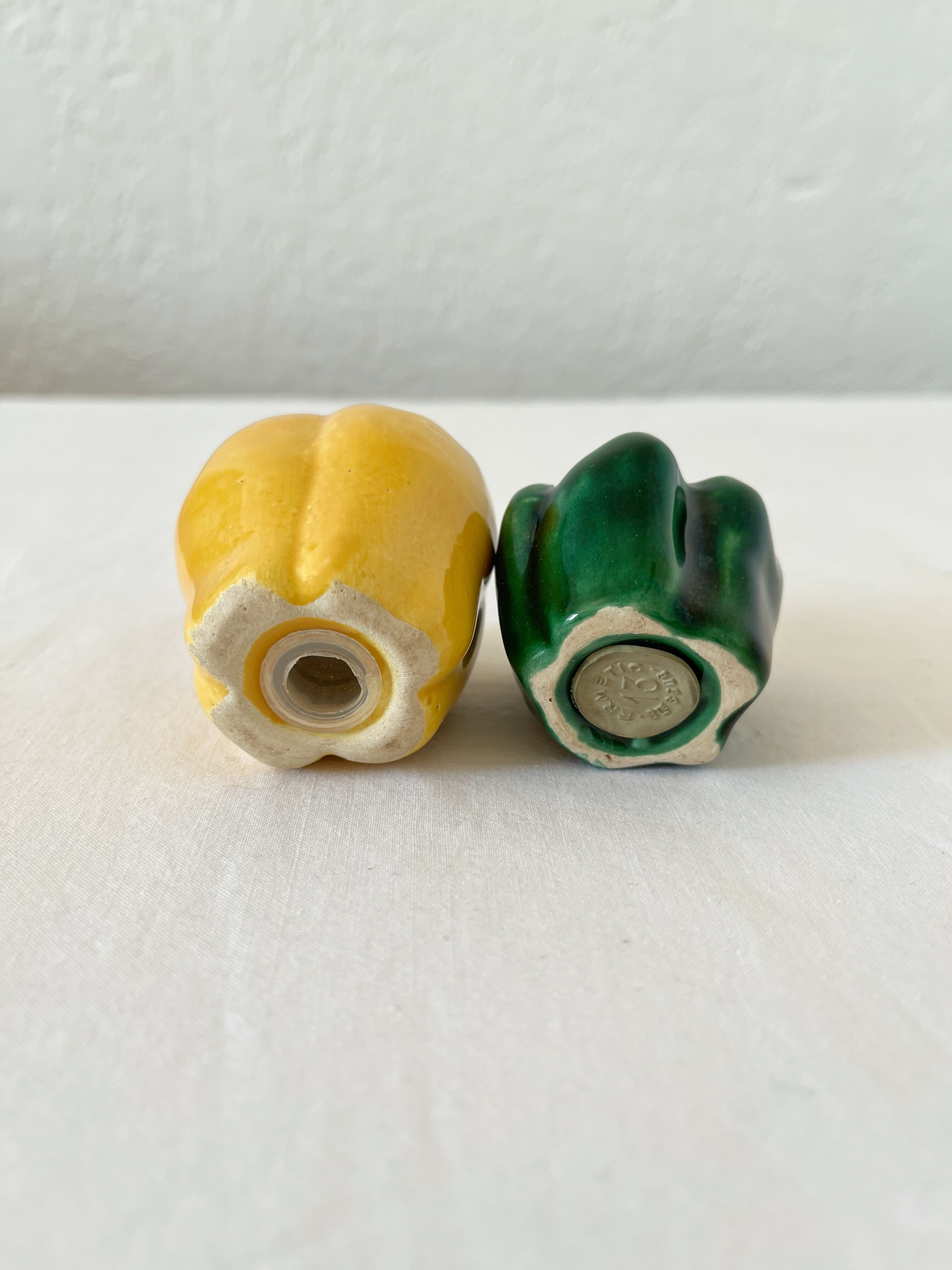 Salt shaker and pepper shaker in vintage slip