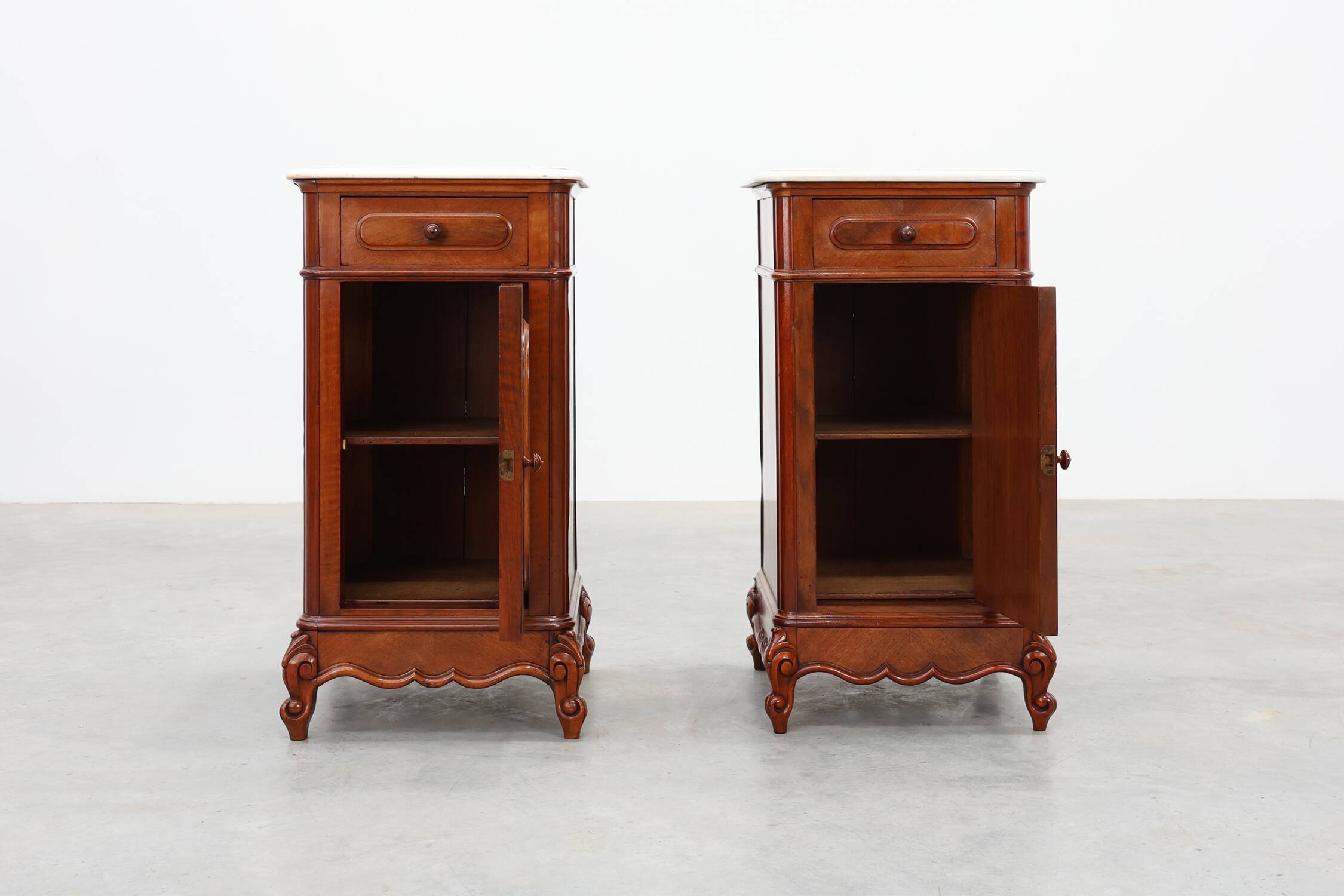 Pair Louis XV nightstands with Carrara marble top, France ca. 1890