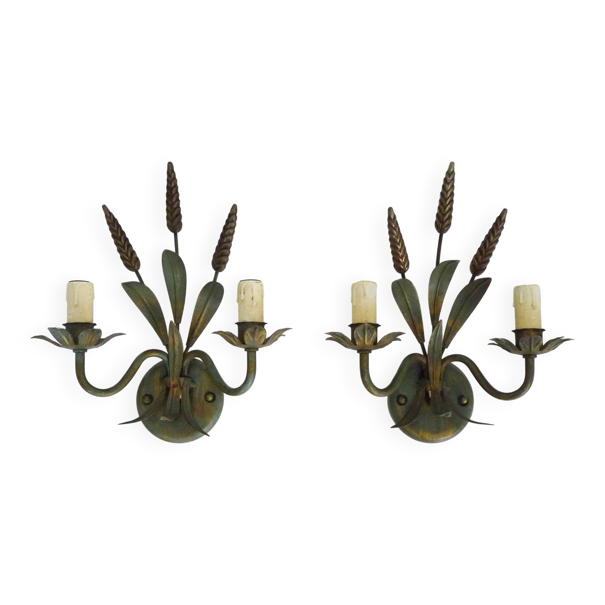 Paire d'appliques murales épis de blé ancienne en métal vert et or