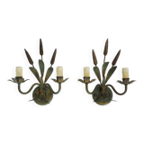 Paire d'appliques murales épis de blé ancienne en métal vert et or